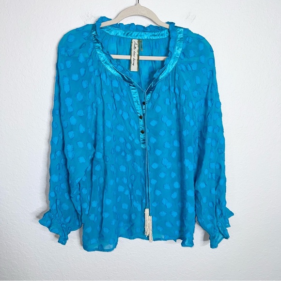 Aratta Silent Journey Tops - Aratta Silent Journey Top Womens Large Shirt Sheer Turquoise Boho Tassels B4